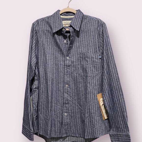 Purnell Santa Barbara Navy Striped Button-Down Cotton Shirt Size Large - Picture 2 of 9